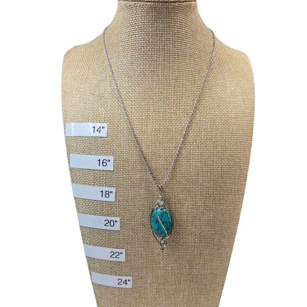 Women's Necklace Turquouse Wire Wrapped Pendant Silver 925 Italy Chain Artisan